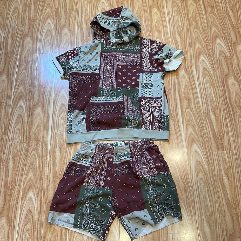 Urban Outfitters Patchwork Hoodie and Shorts Set - Burgundy and Gray